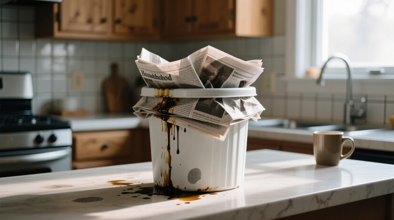 line your trashcan with newspapers to absorb gross drip