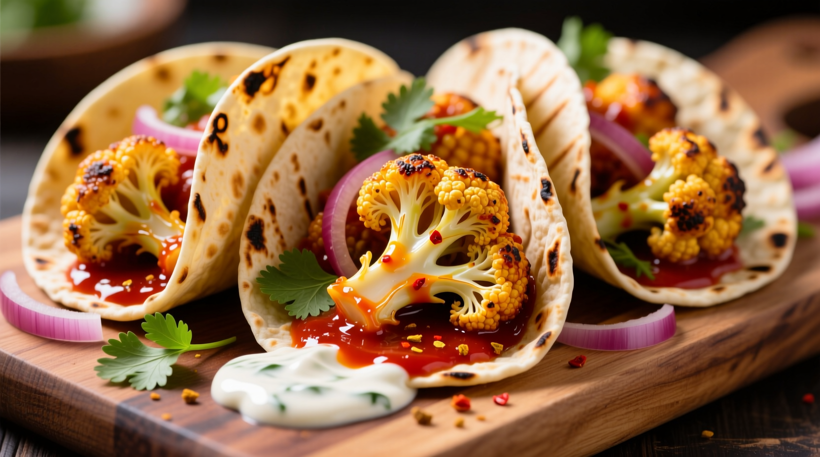 Crispy golden buffalo cauliflower florets in corn tortillas