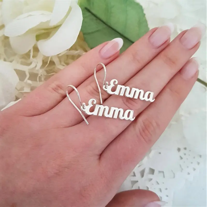 Personalized Gift Jewelry Fashion Silver 14K Gold Plated Long Custom Stainless Steel Name Drop Big Initial Letter Earring
