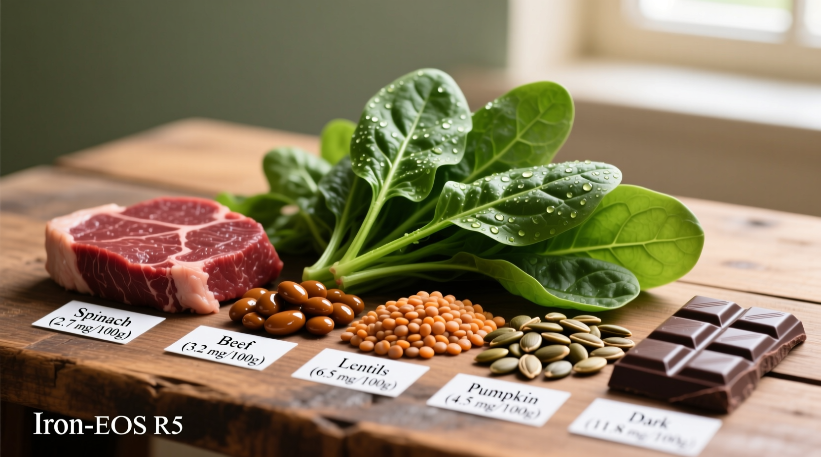 Fresh spinach leaves next to iron-rich foods comparison