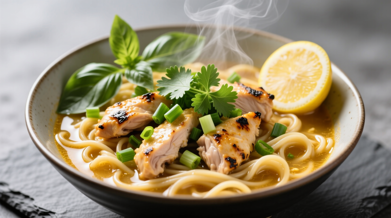 Golden garlic chicken noodles with fresh herbs