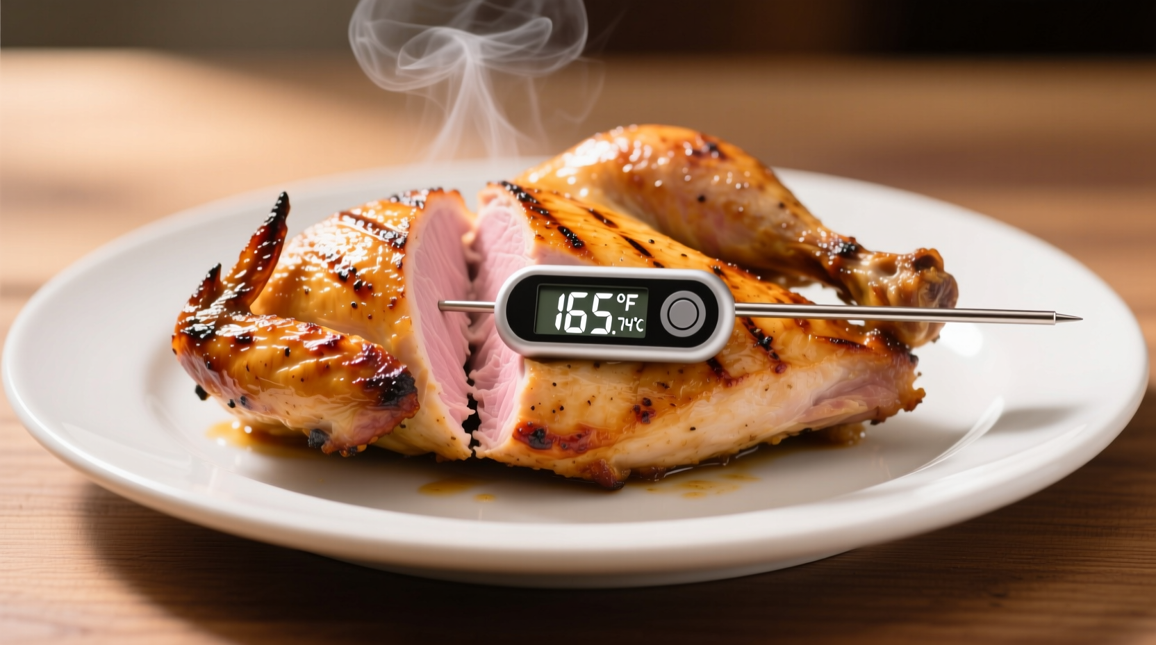 Perfectly roasted chicken breast with thermometer reading