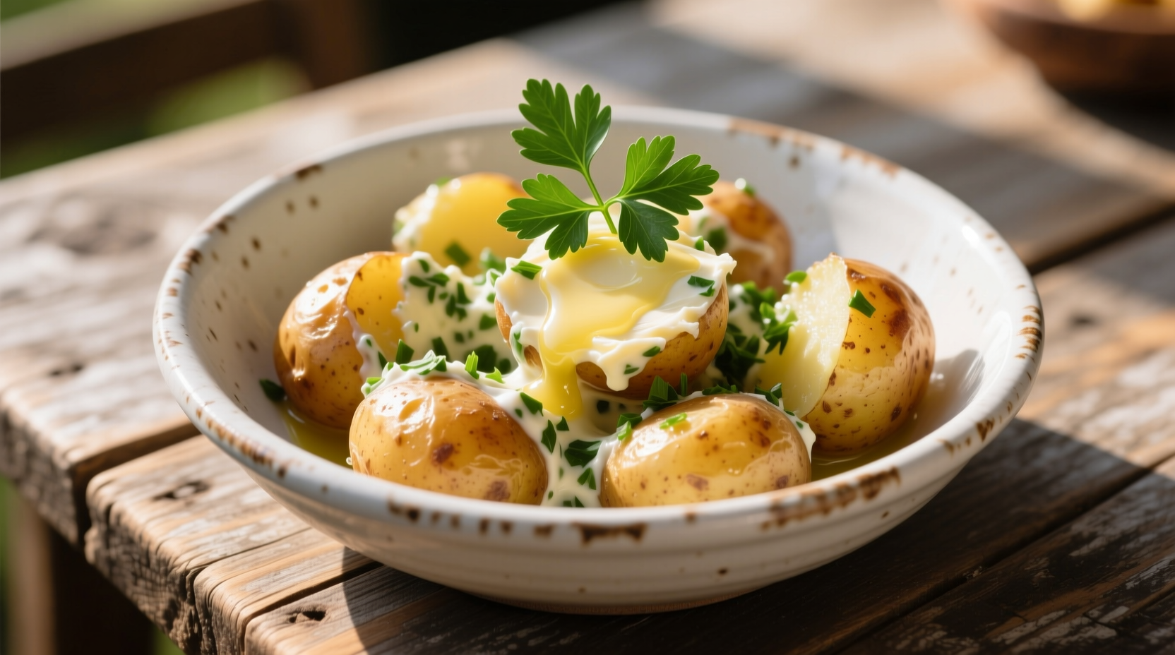 Creamy parsley buttered potatoes in white ceramic bowl