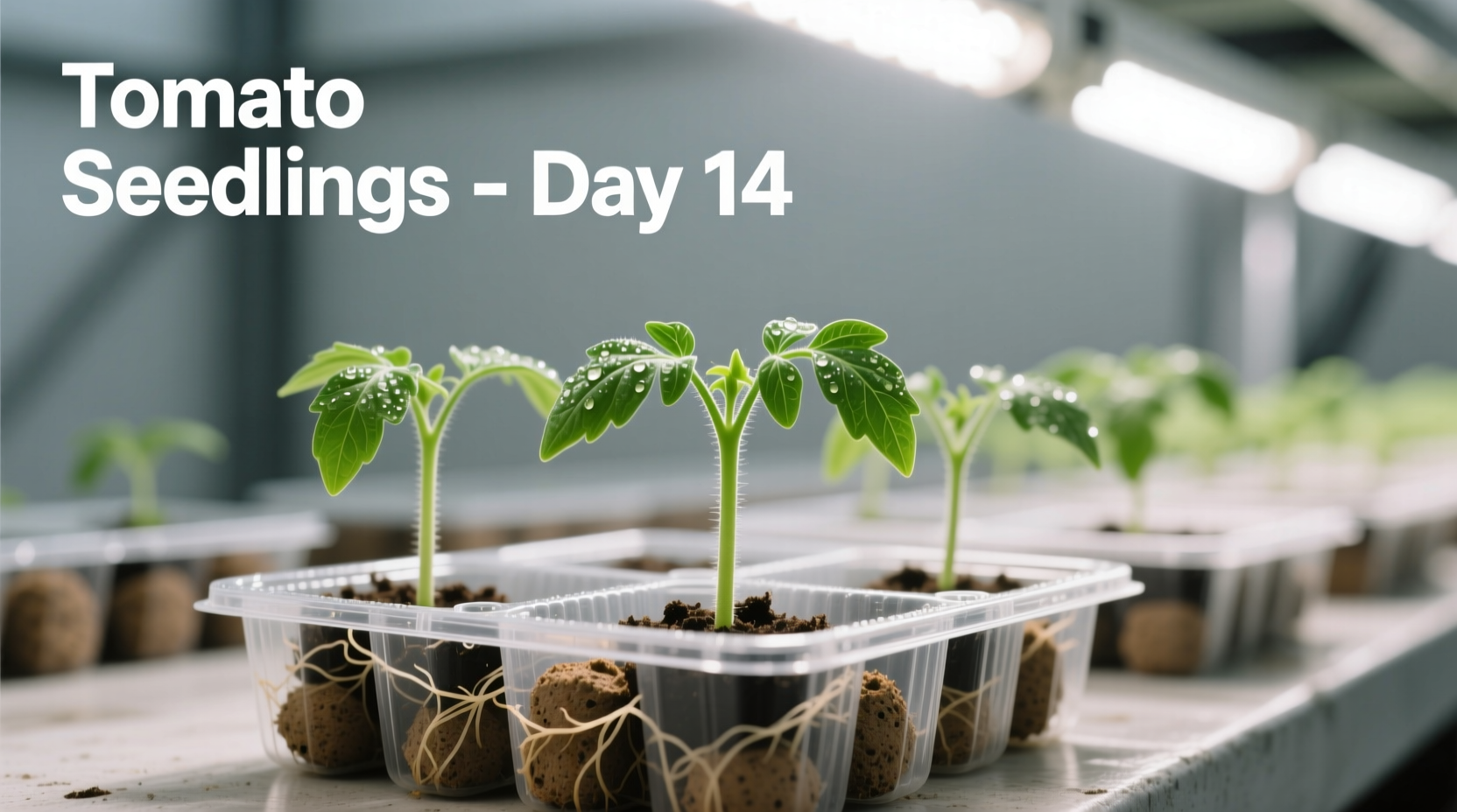Tomato seedlings growing in cell trays under grow lights