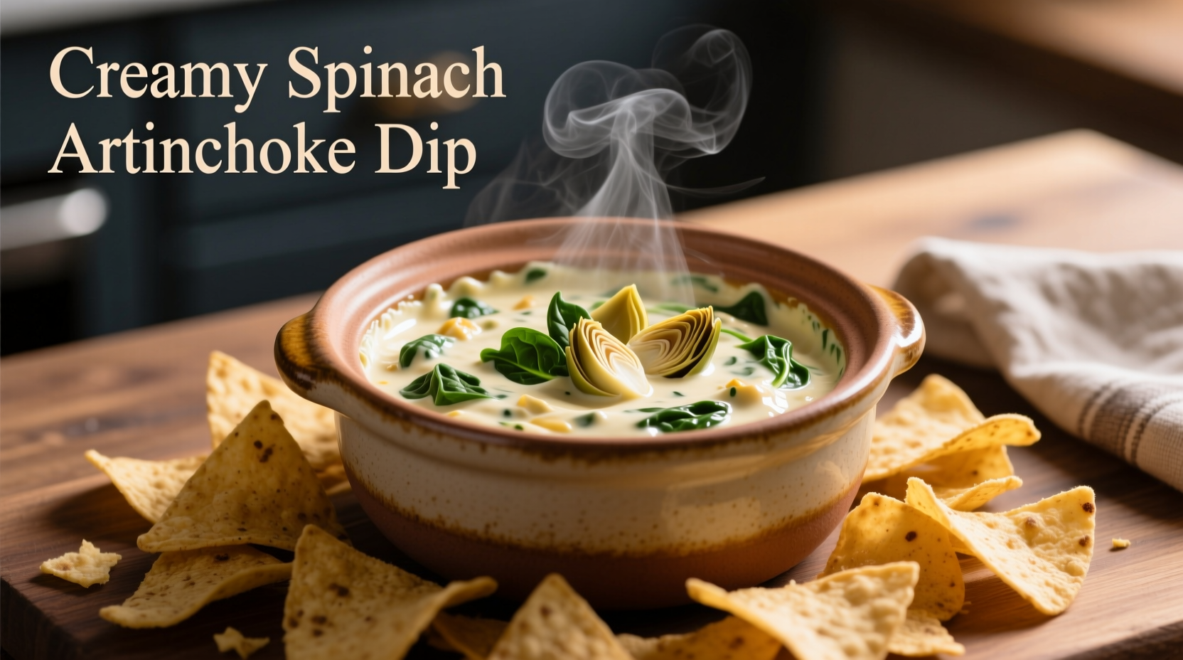Creamy spinach artichoke dip in crock pot with tortilla chips