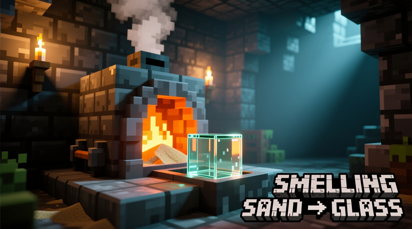 Minecraft furnace smelting sand into glass blocks