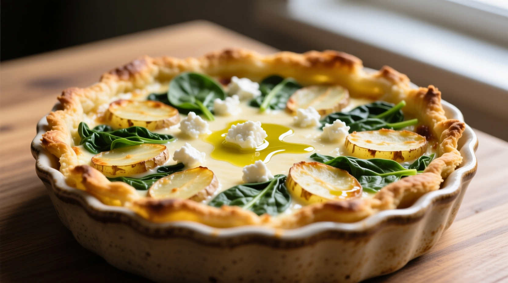Golden potato crusted quiche with spinach and feta