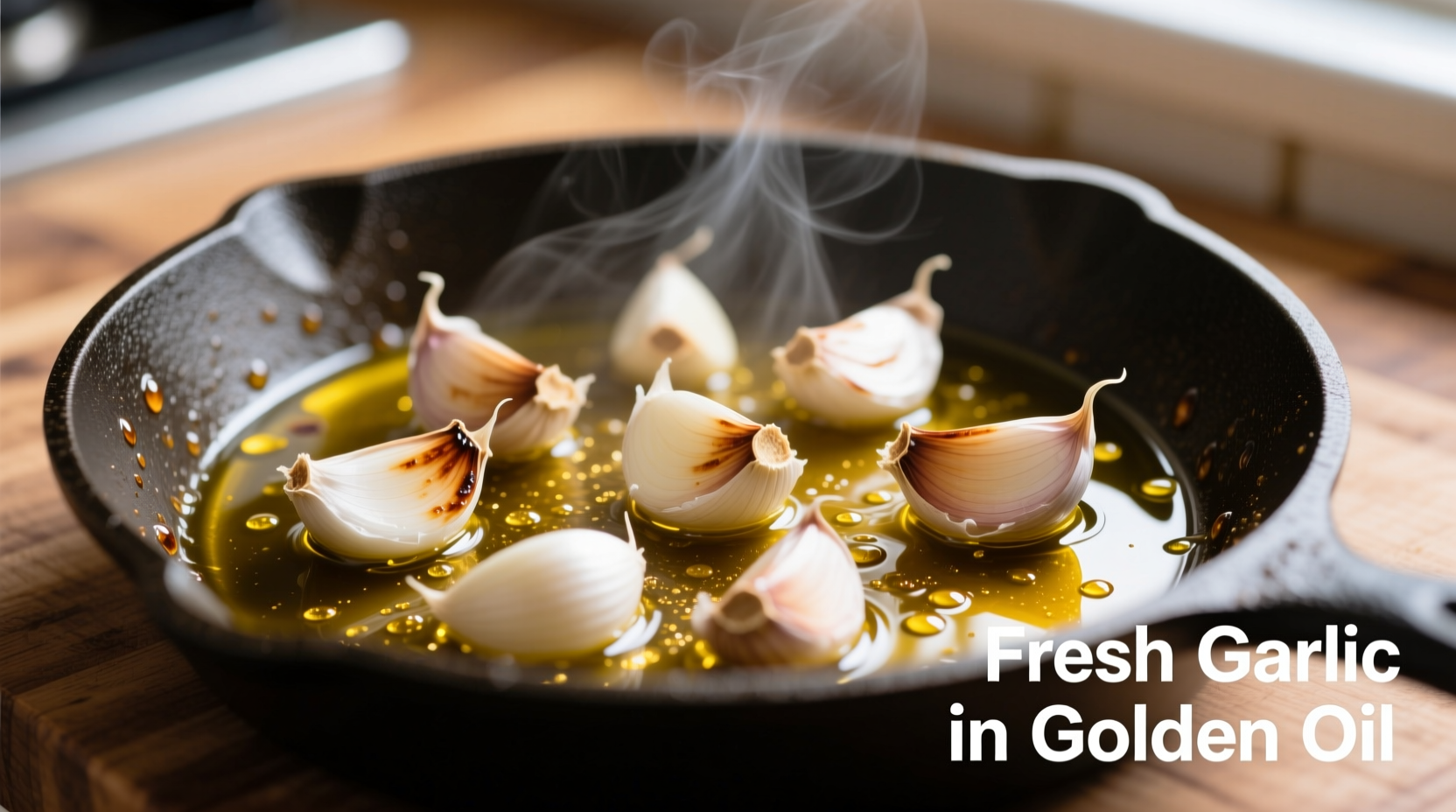 Fresh garlic cloves in golden oil in skillet