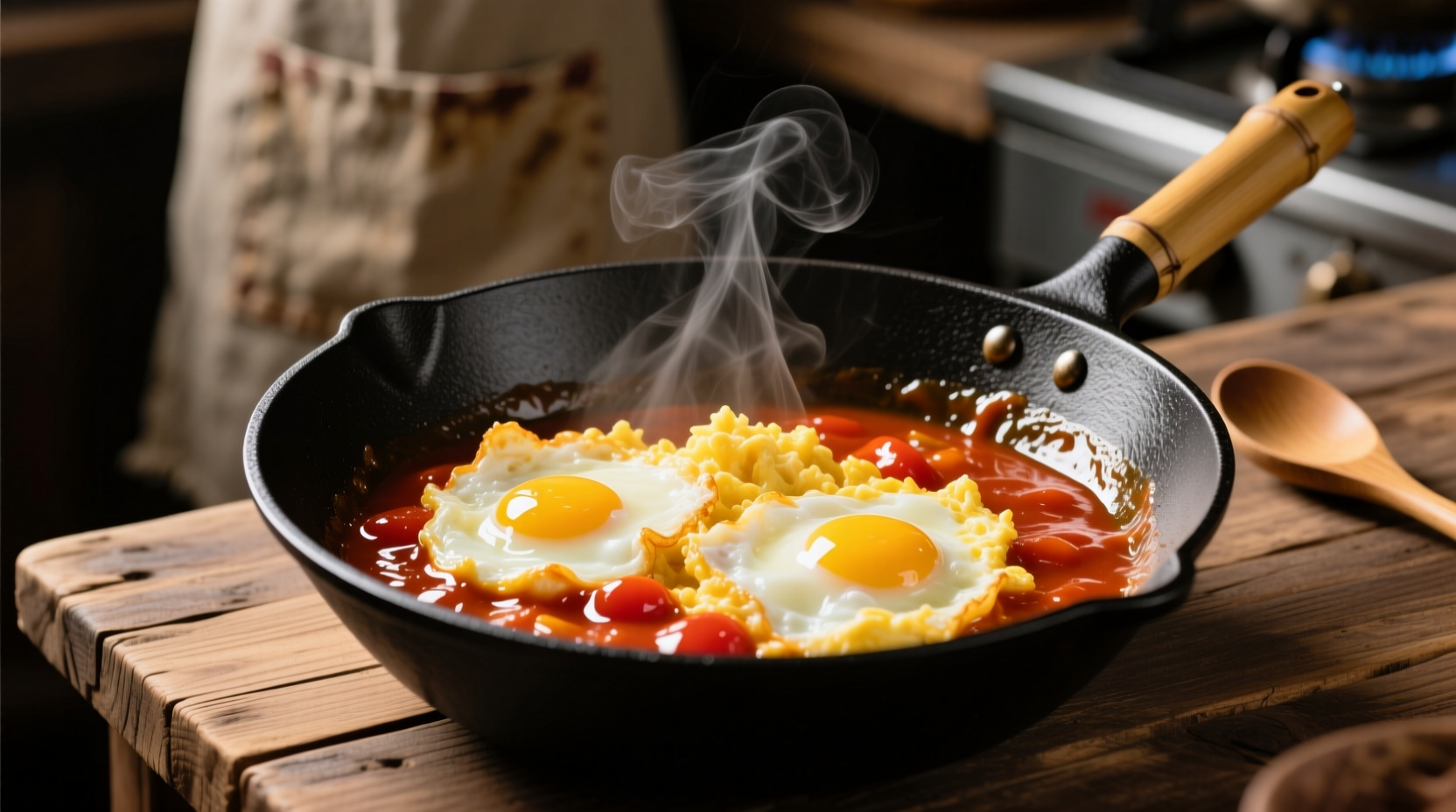 Fluffy scrambled eggs with glossy tomato sauce in wok