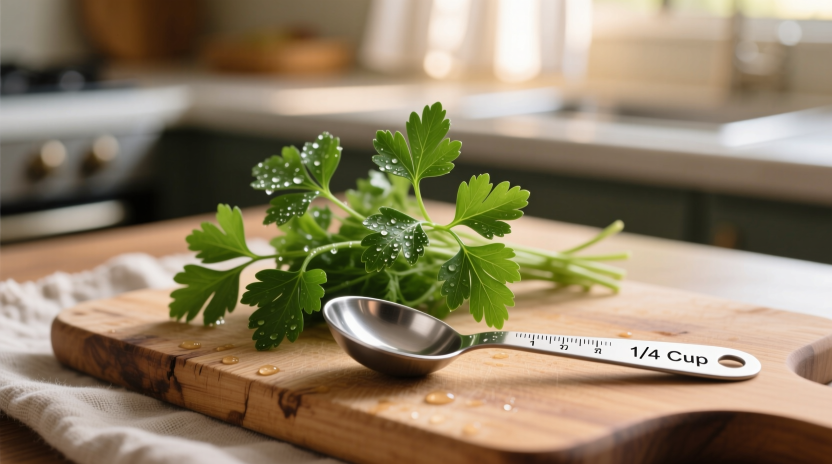 Fresh parsley sprigs next to measuring spoon for dog portions