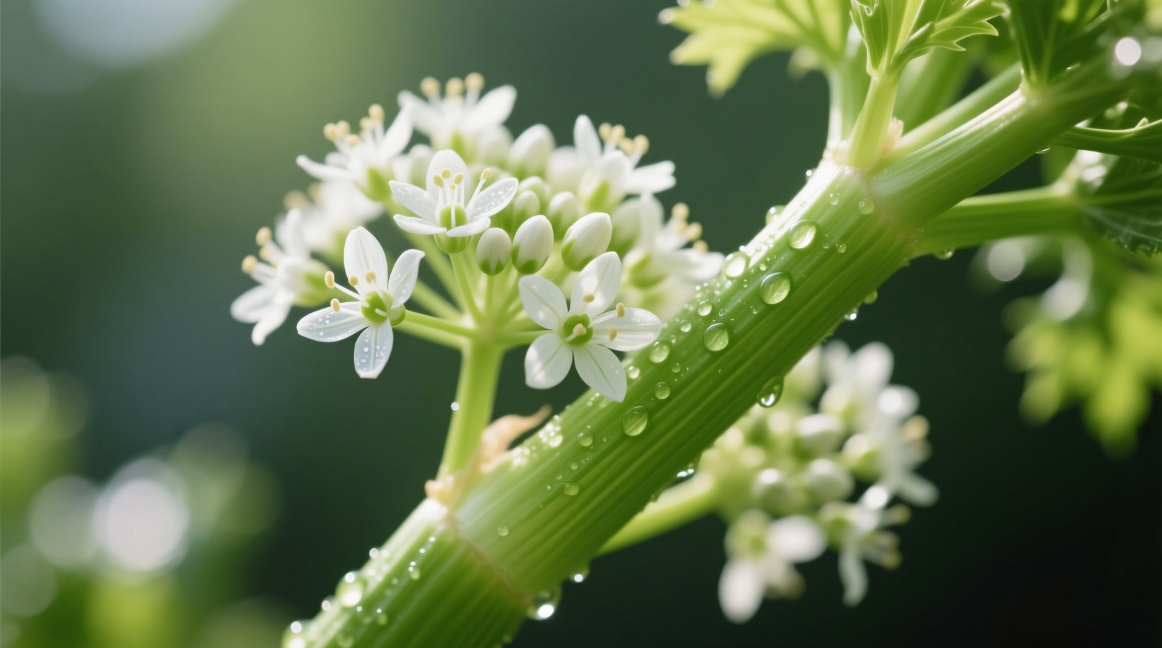 Fresh celery flowers on green stem closeup