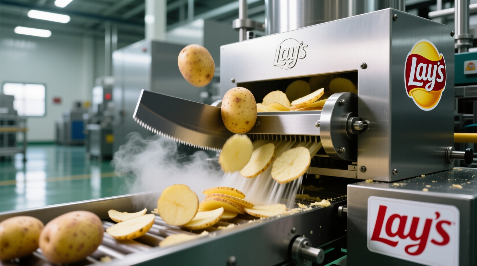 Lay's potato chips production process showing potatoes being sliced