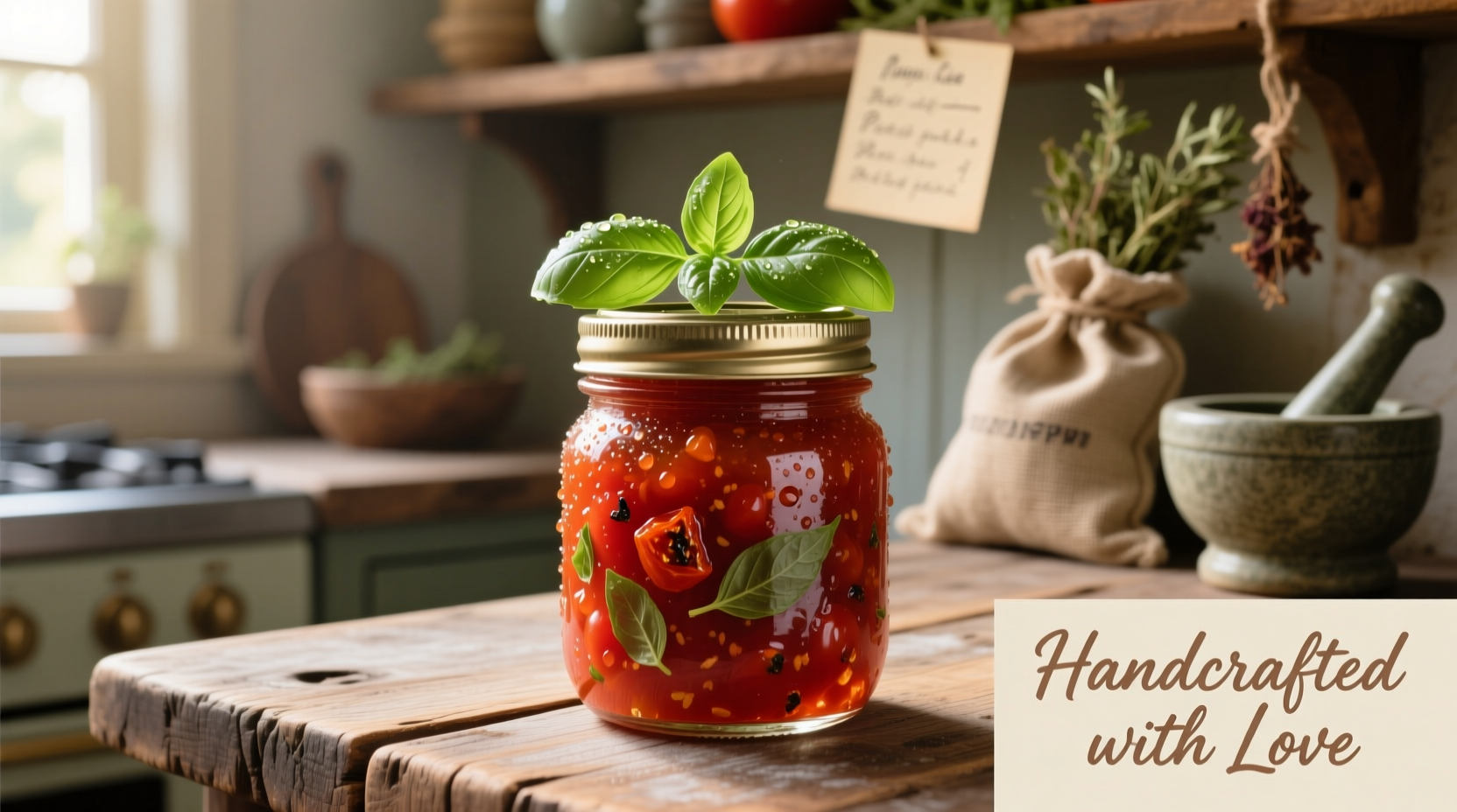 Homemade tomato jam in glass jar with fresh basil