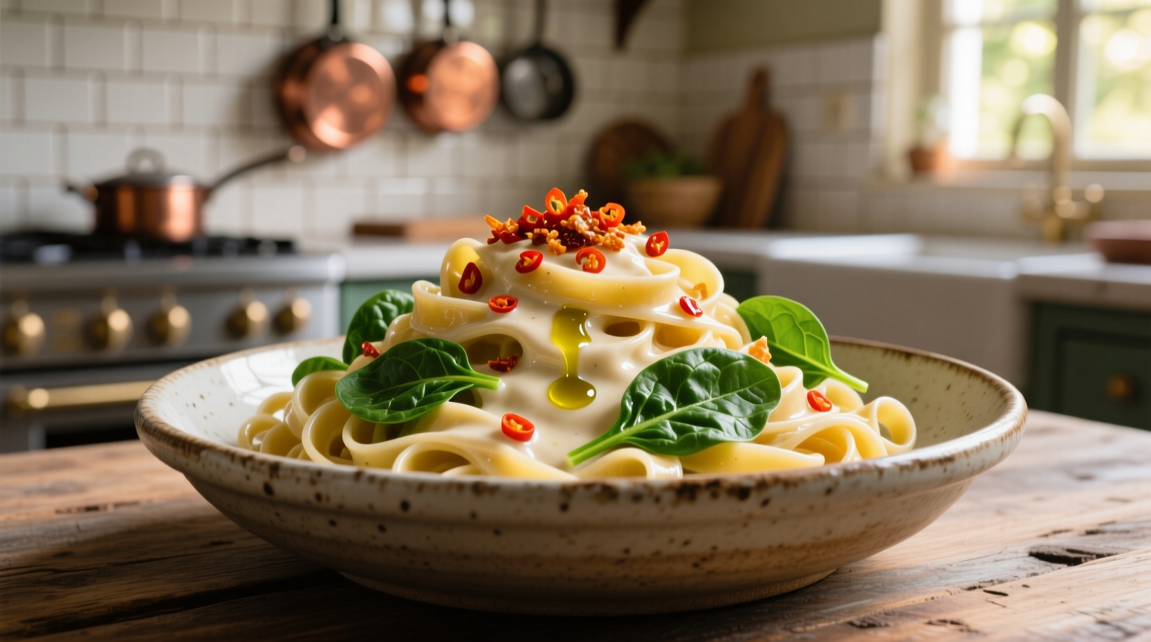 Creamy fettuccine Alfredo with spinach and chile crisp