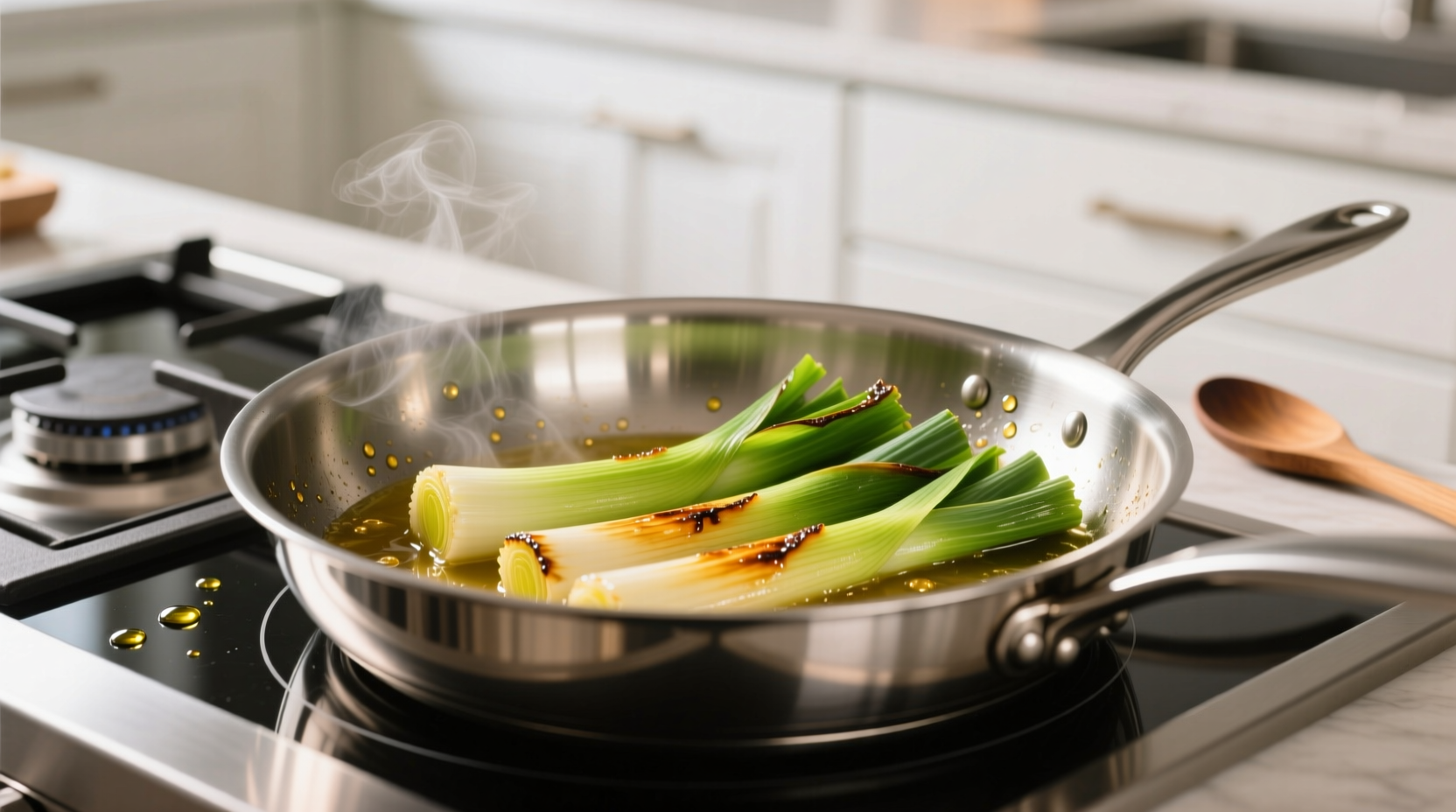 Perfectly sautéed leeks in stainless steel pan