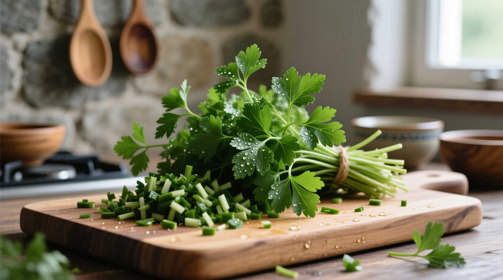 Fresh parsley bunch with chopped stems and leaves