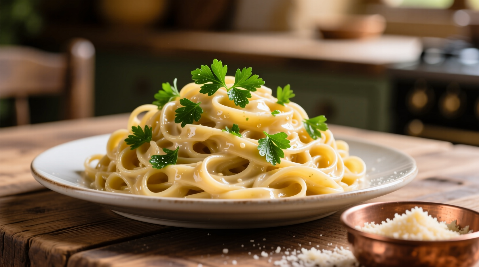 Creamy garlic alfredo pasta with fresh parsley garnish