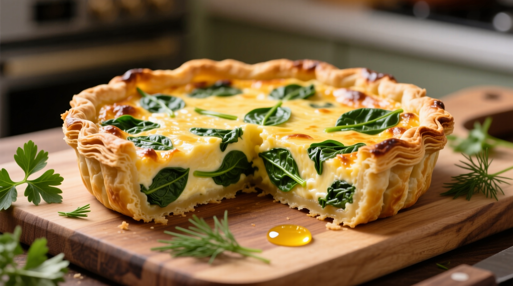 Perfectly golden spinach and cheese quiche with flaky crust