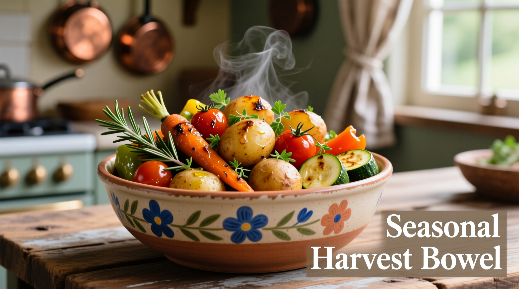 Colorful potato bowl with roasted vegetables and herbs