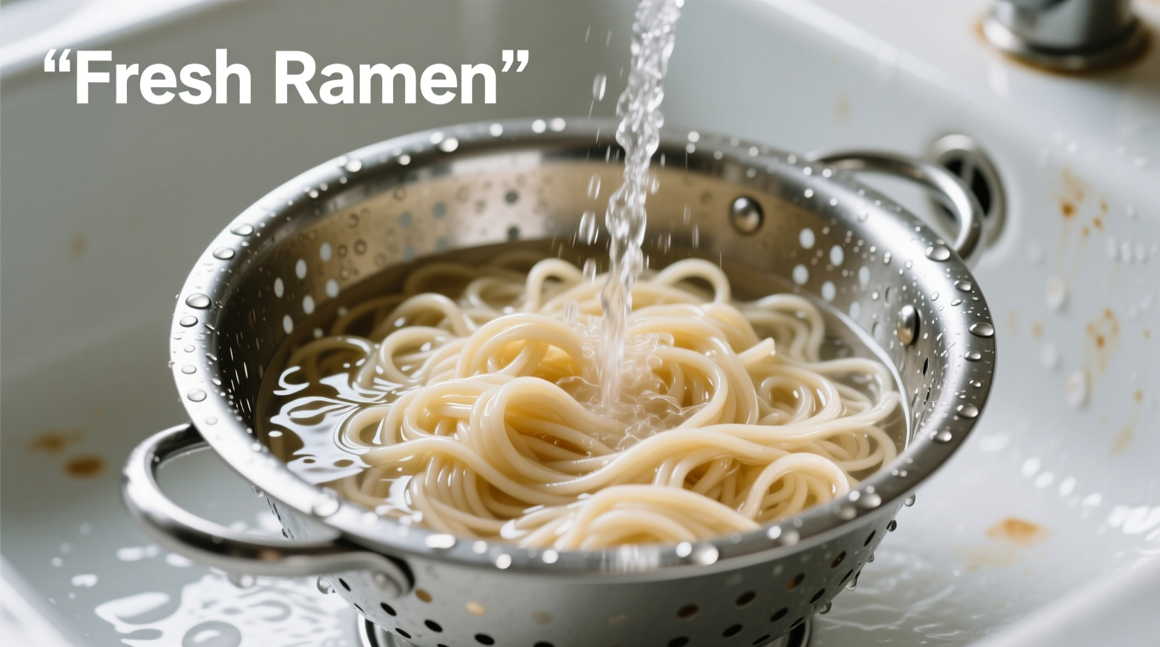 Fresh ramen noodles being rinsed under cold water in colander