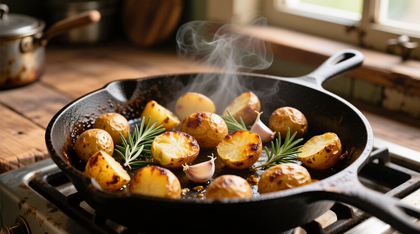Golden roasted potatoes in cast iron skillet