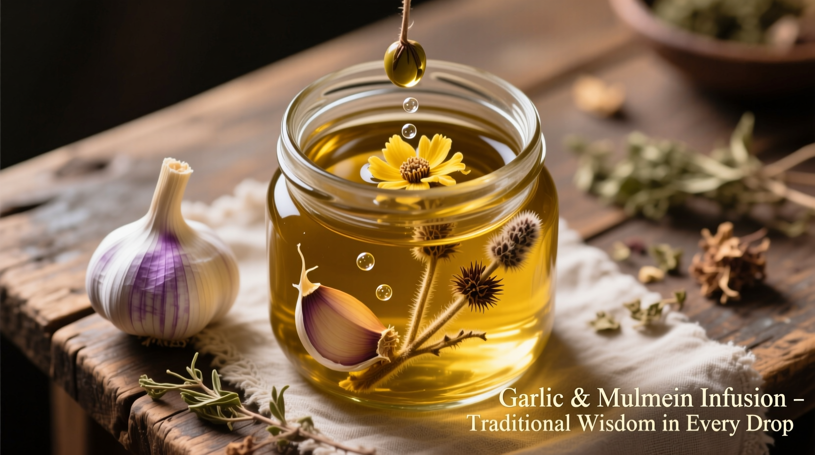 Garlic and mullein flowers in olive oil infusion