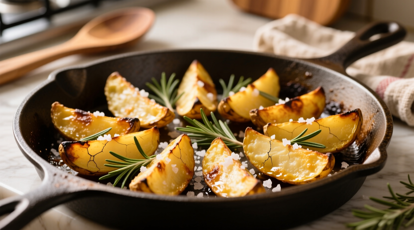 Golden crispy oven potato wedges on baking sheet