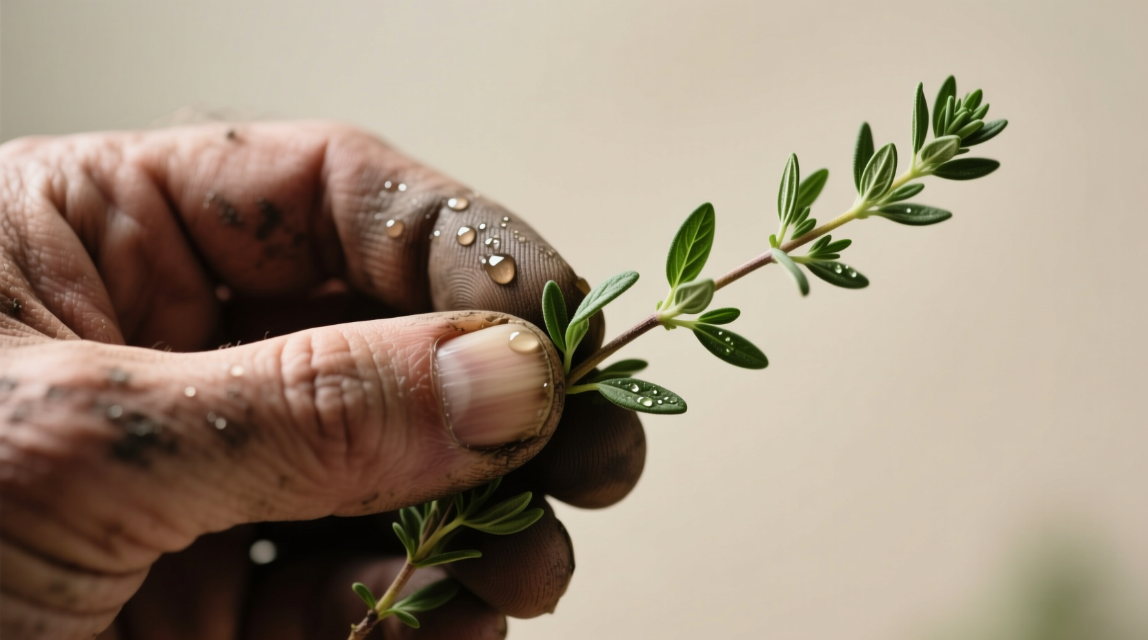 Close-up of hand testing thyme quality: bending stem for snap test and rubbing leaves to release aroma