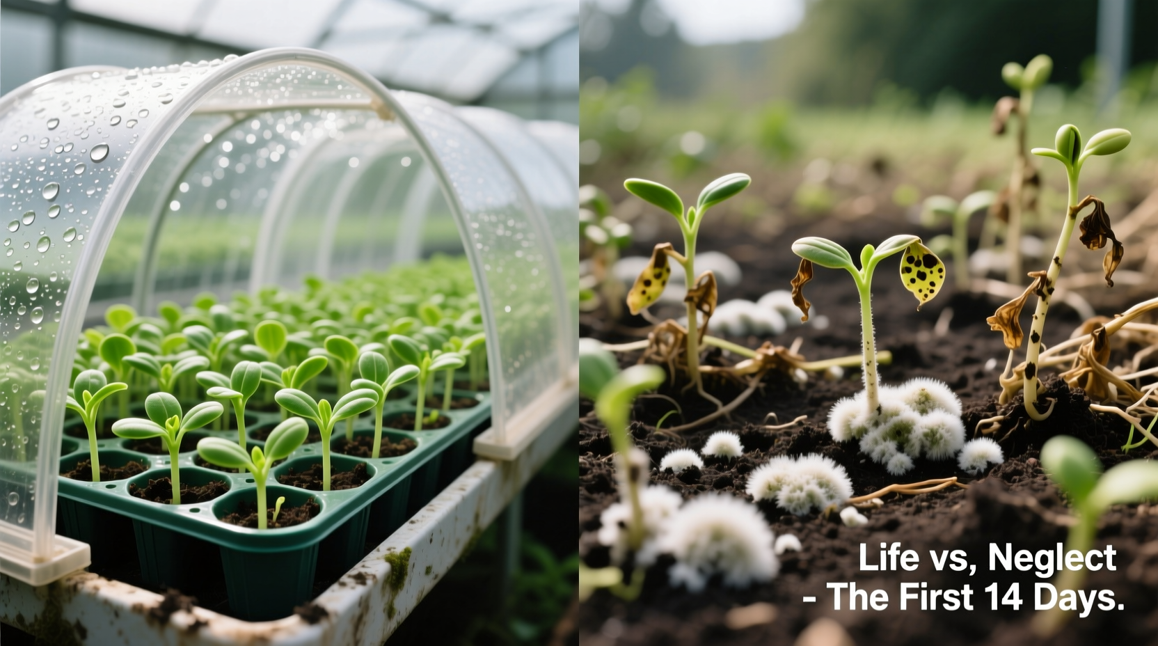 Side-by-side seed trays: one with a small speaker labeled 'no effect', the other with a calibrated thermometer and hygrometer showing optimal 22°C and 70% RH