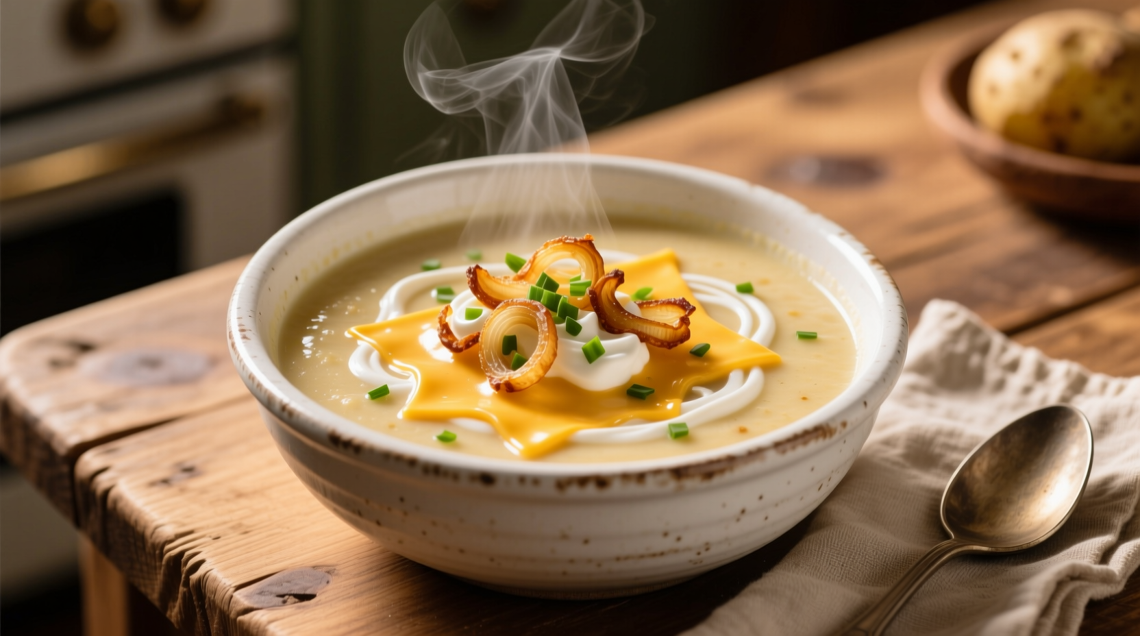 Creamy loaded potato soup in white bowl
