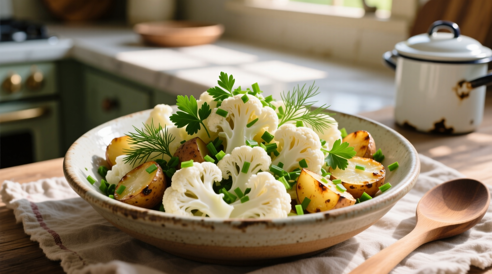 Cauliflower potato salad in serving bowl with fresh herbs