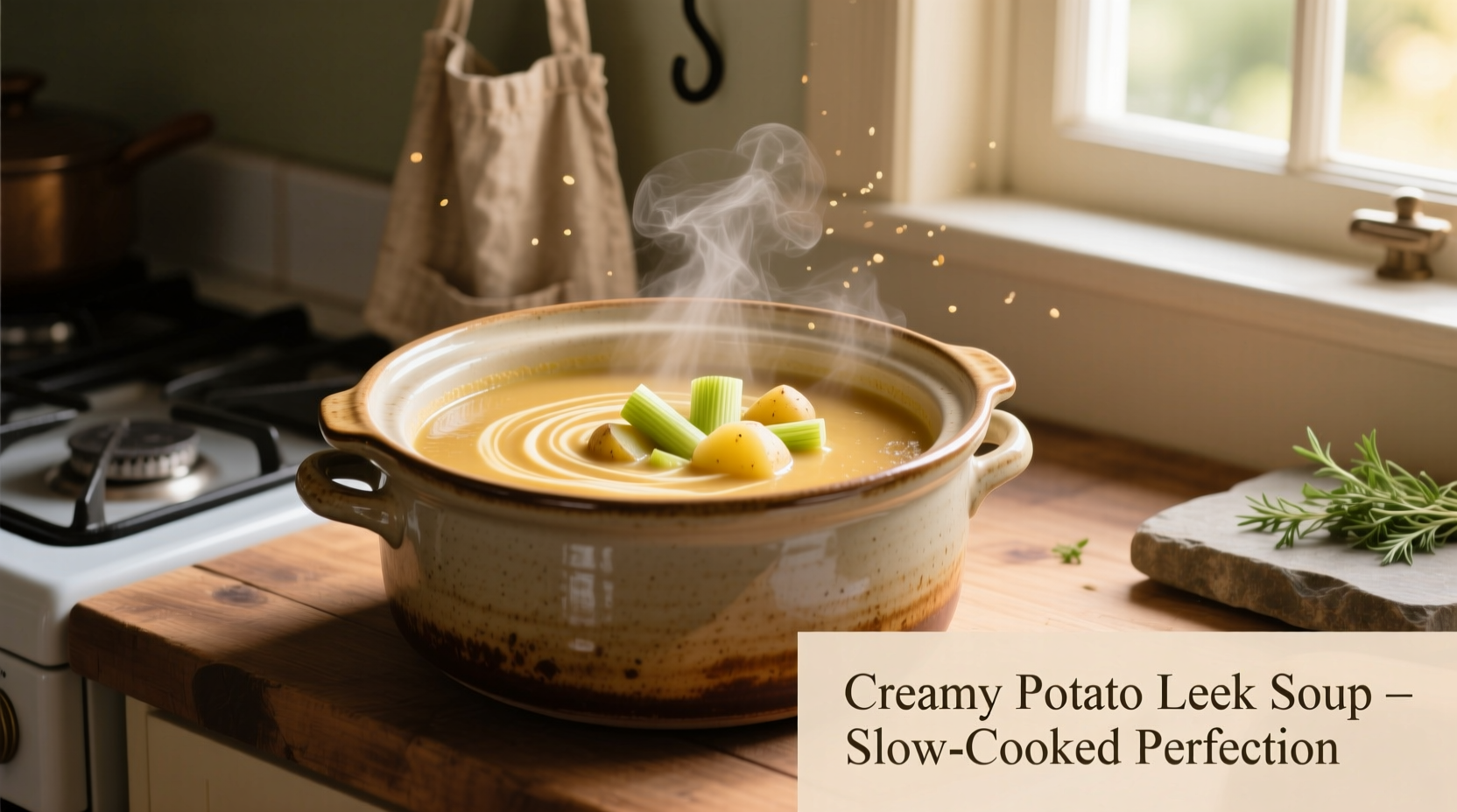 Slow cooker filled with creamy potato leek soup