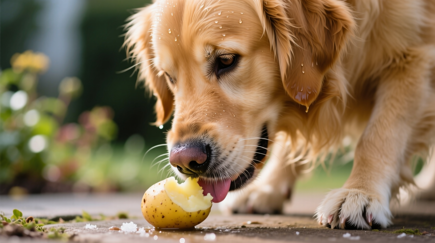 Golden retriever eating small portion of boiled potato