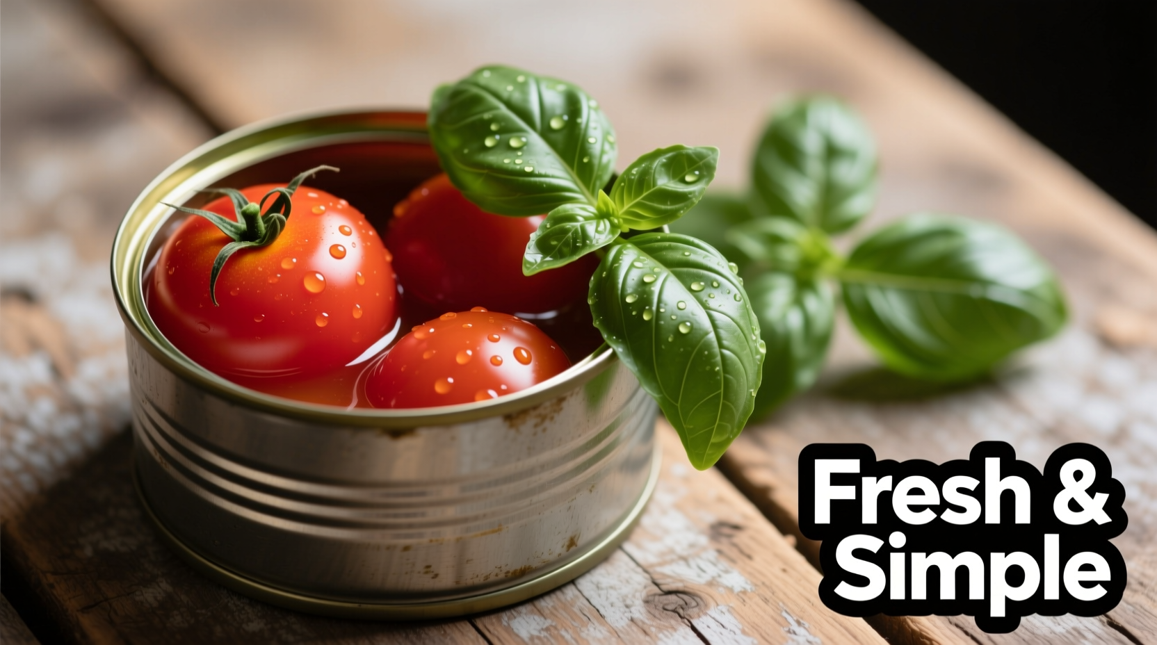 Whole peeled tomatoes in can with fresh basil