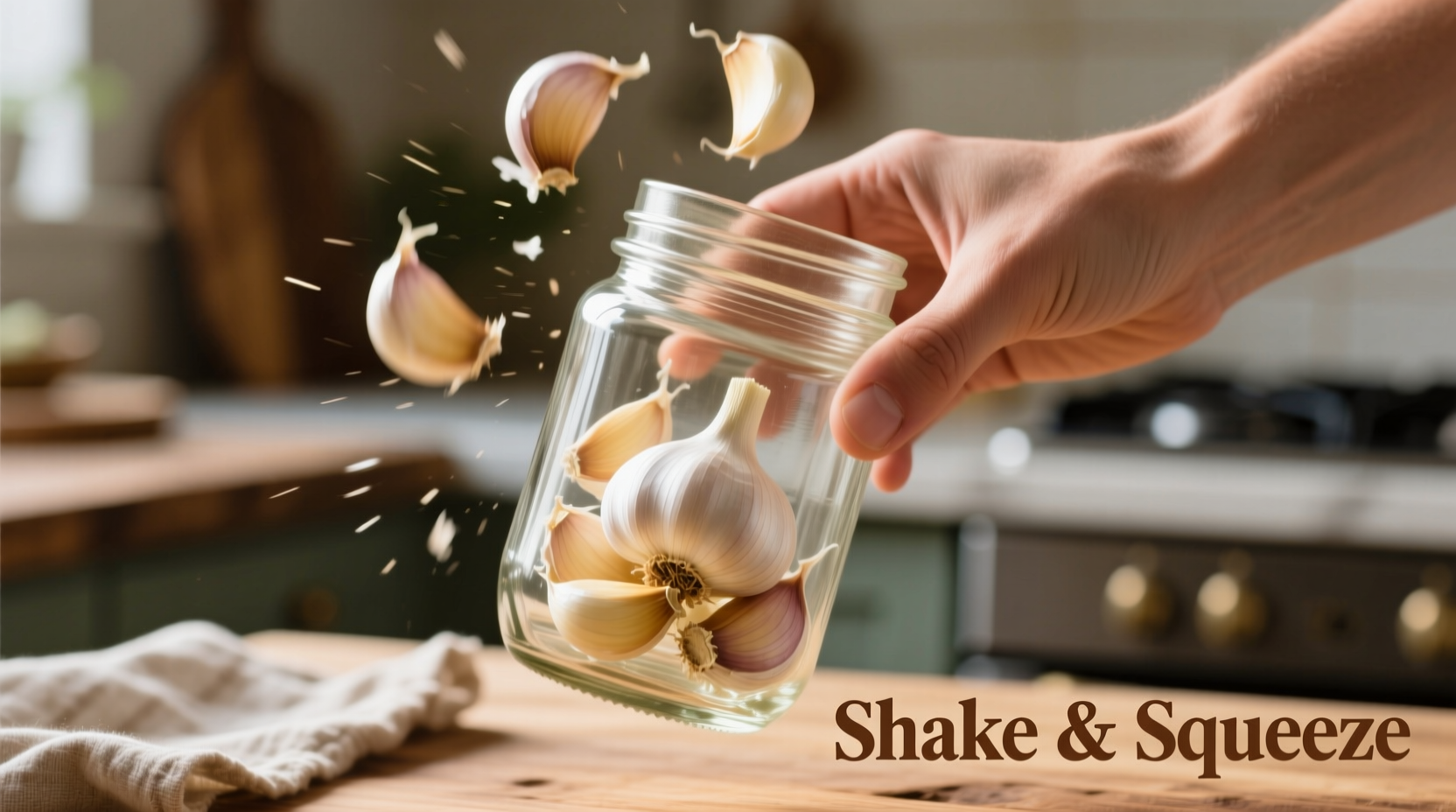 Shaking garlic cloves in glass mason jar