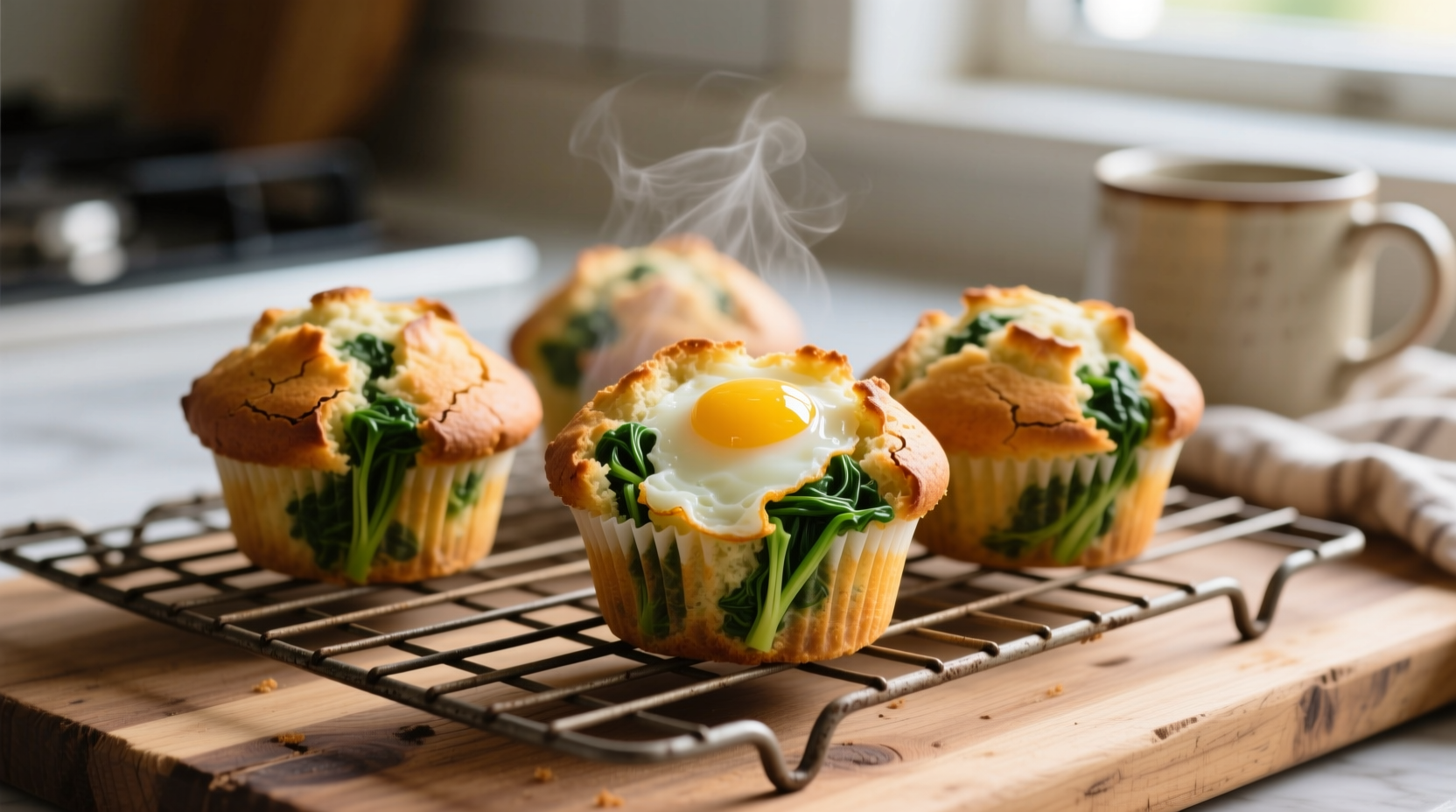 Freshly baked egg and spinach muffins on cooling rack