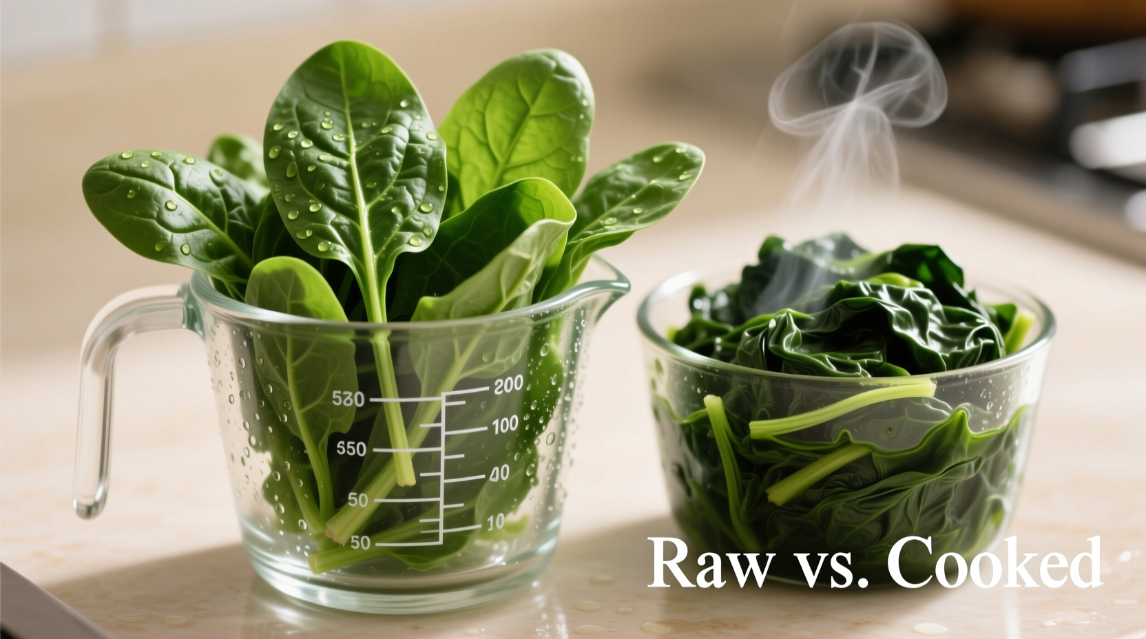 Raw spinach leaves next to cooked spinach in measuring cup