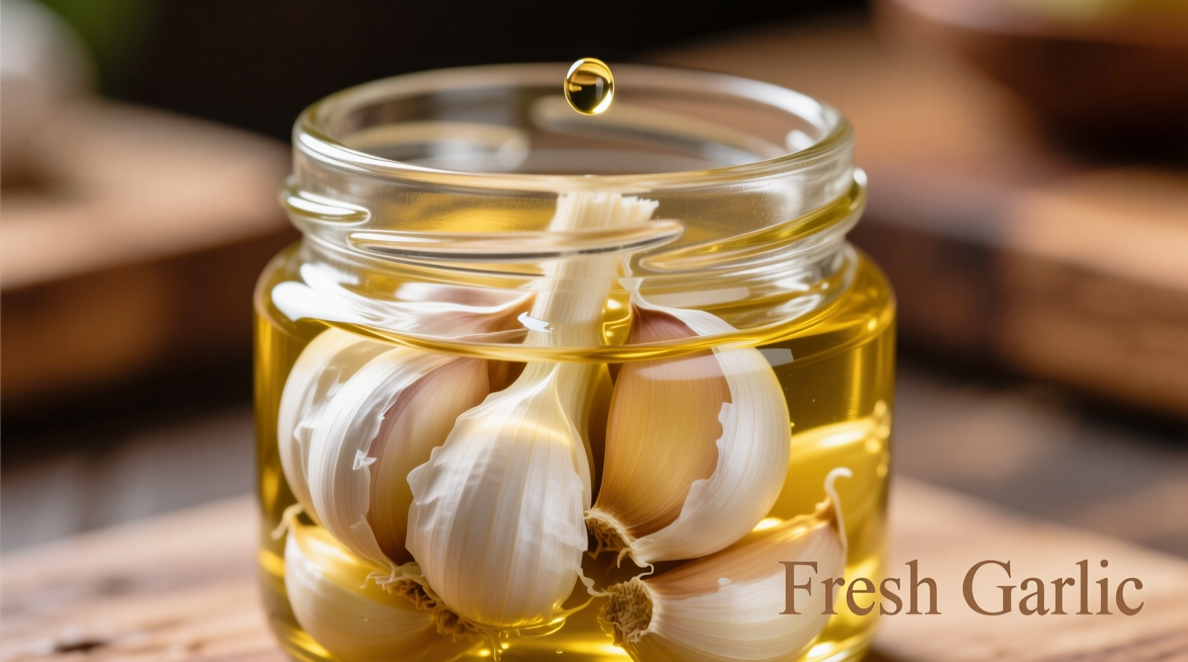 Fresh garlic cloves submerged in clear oil in glass jar