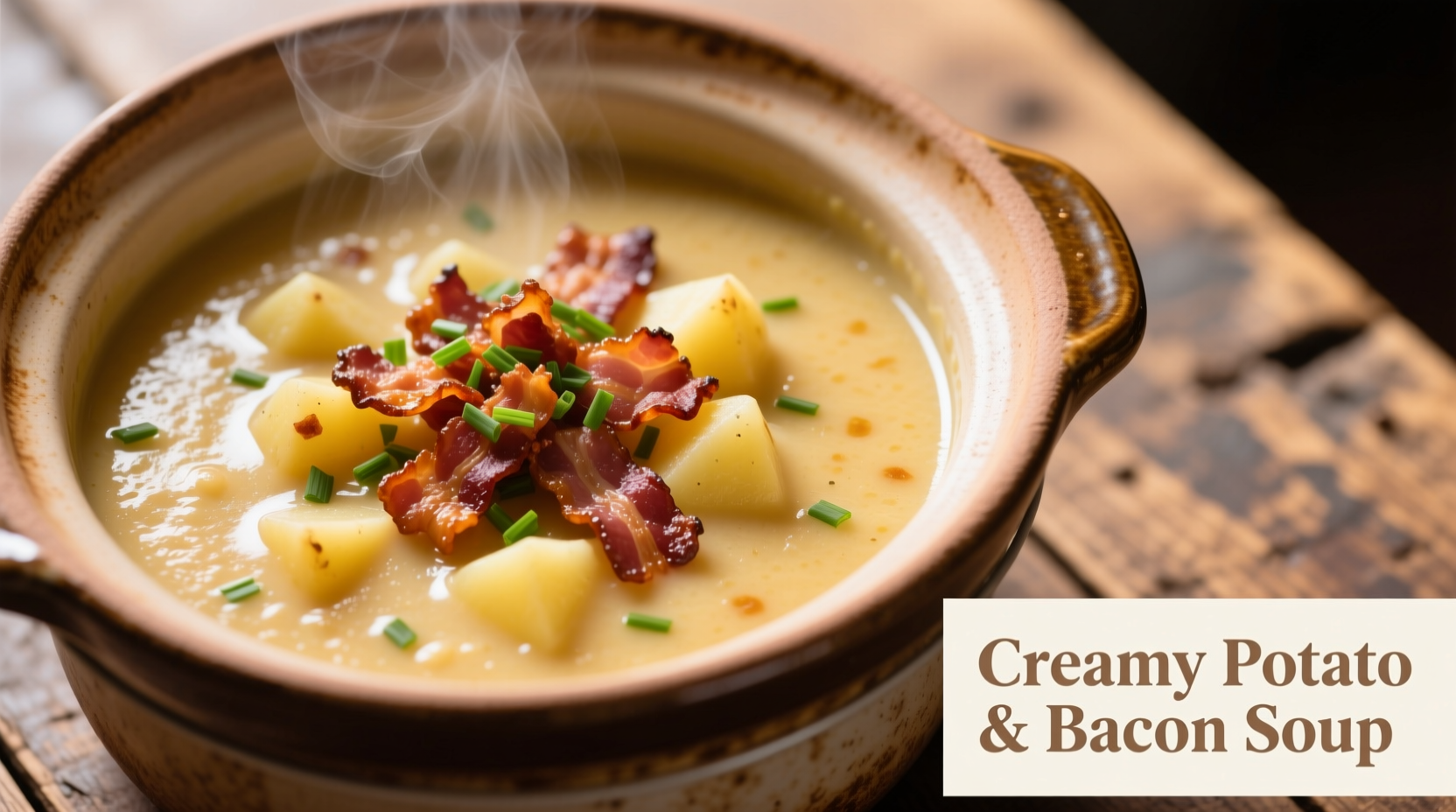 Slow cooker filled with creamy potato soup topped with bacon and chives