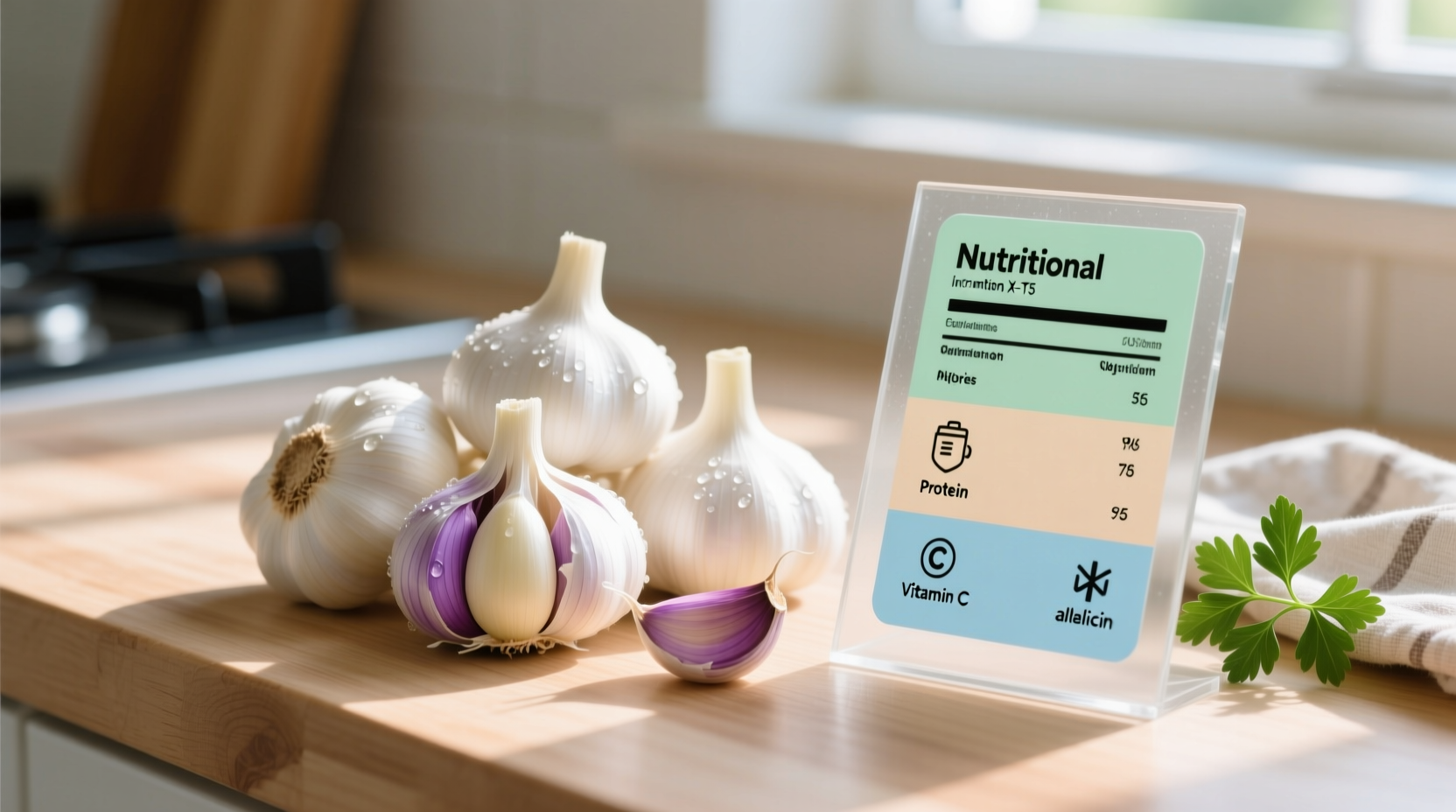 Fresh garlic cloves with nutritional information chart