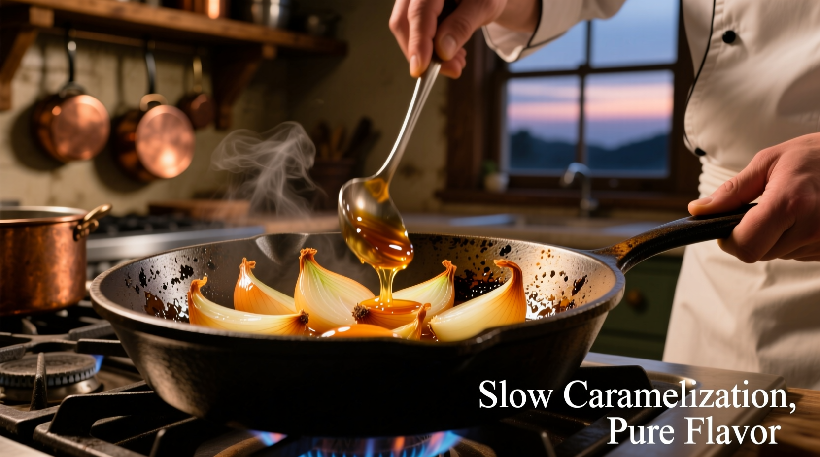 Chef caramelizing onions in cast iron skillet