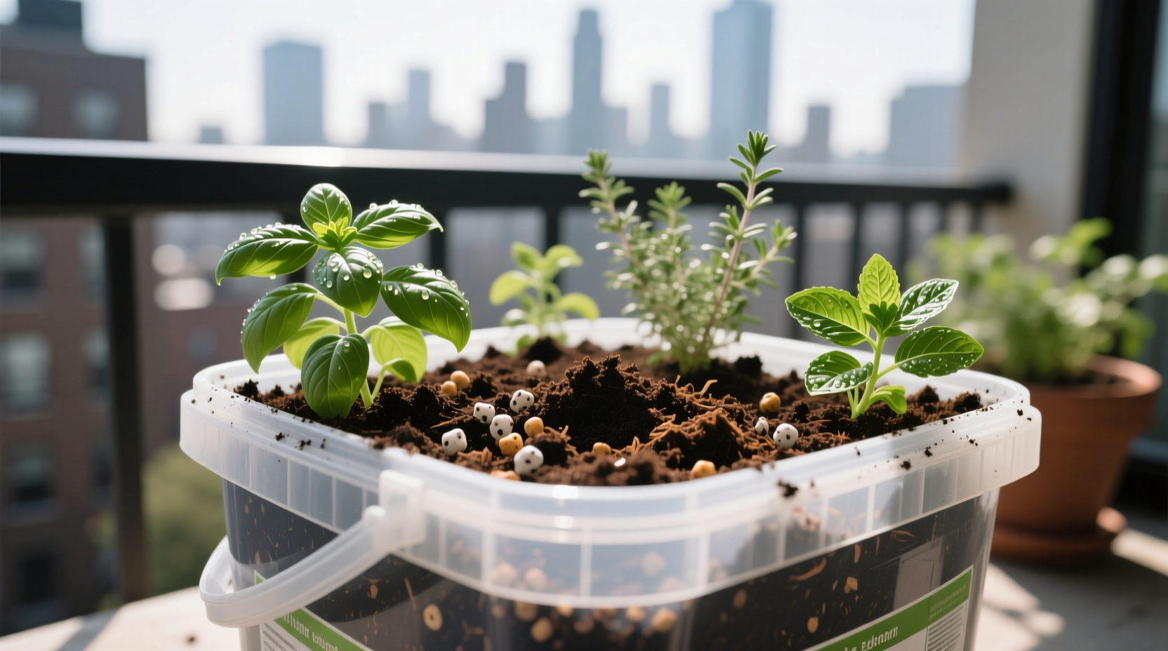 DIY raised garden soil mixture in 5-gallon container on urban balcony with herbs