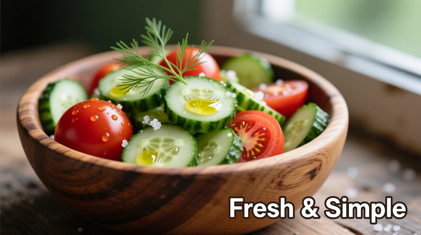 Fresh cucumber and tomato salad in wooden bowl