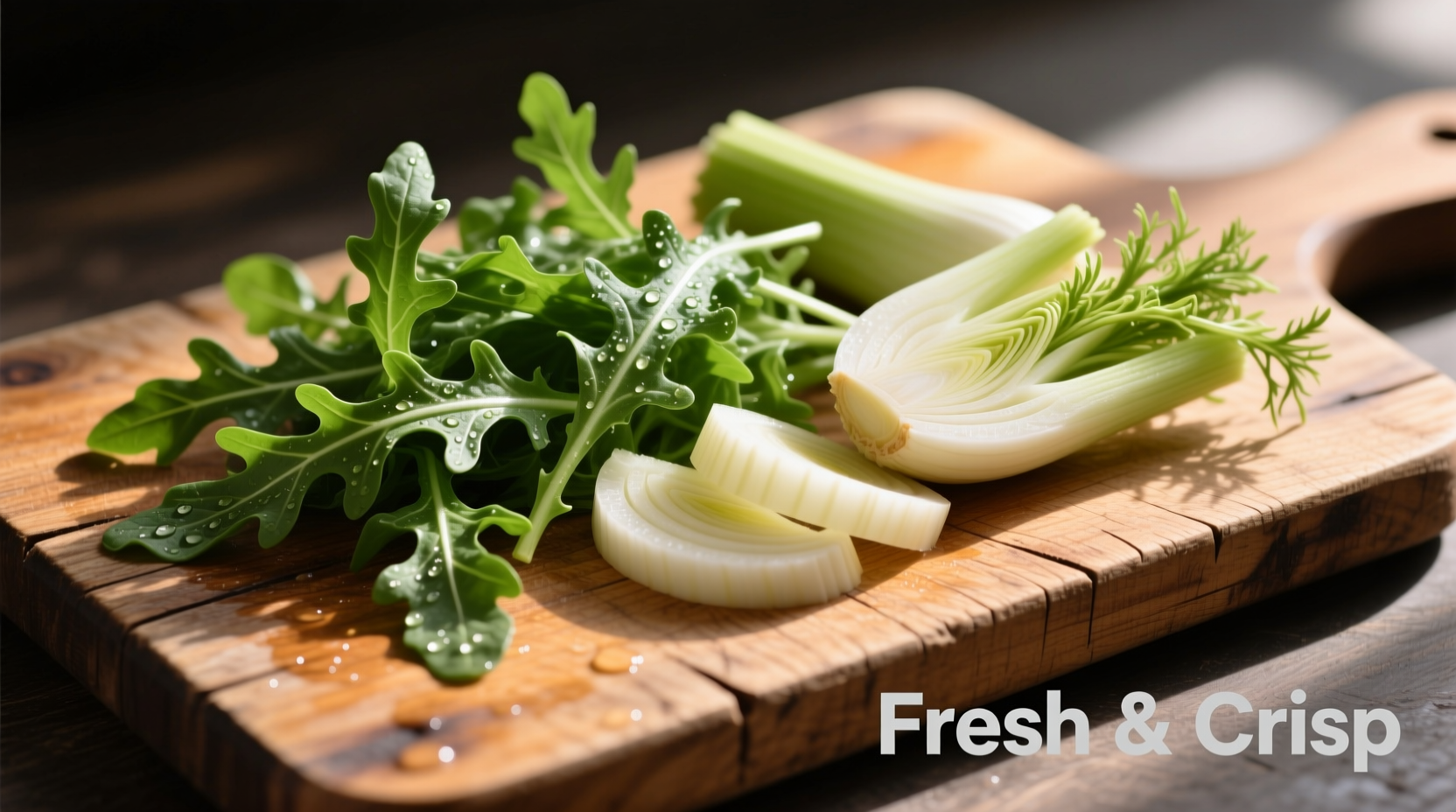 Fresh arugula and sliced fennel on wooden cutting board