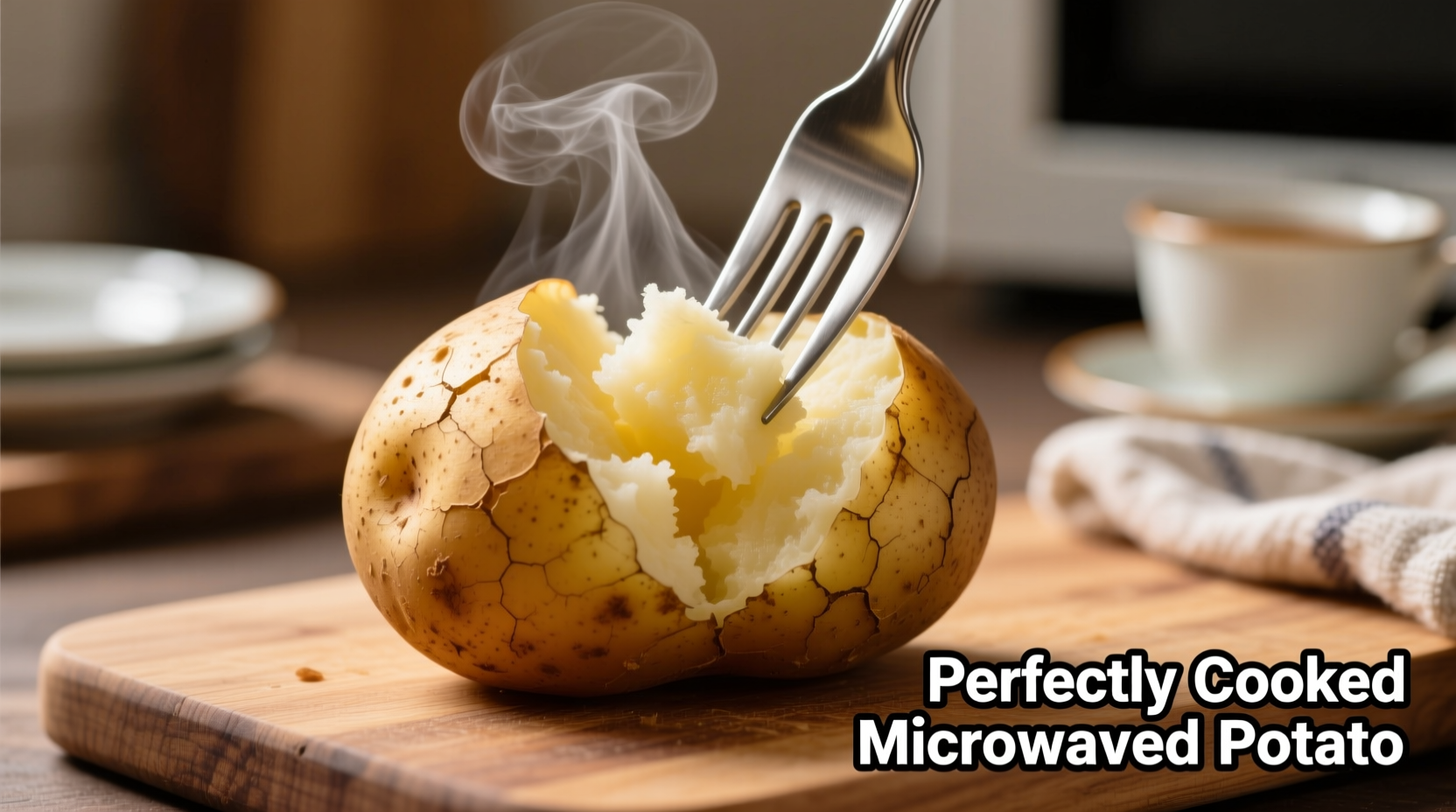 Perfectly cooked microwaved potato with fork
