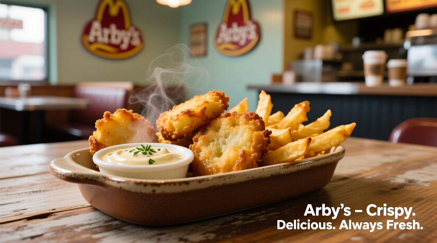 Golden brown Arby's potato cakes served with dipping sauce