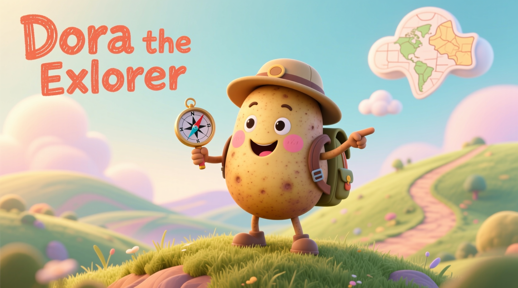 Digital illustration of Dora the Explorer reimagined as a smiling potato