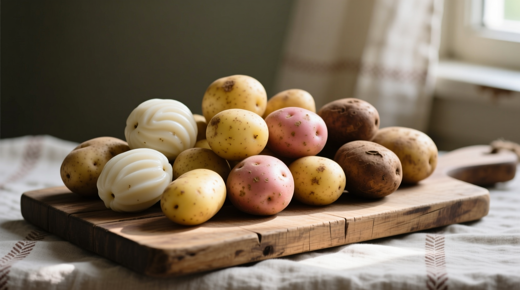 Assorted waxy potato varieties on wooden cutting board
