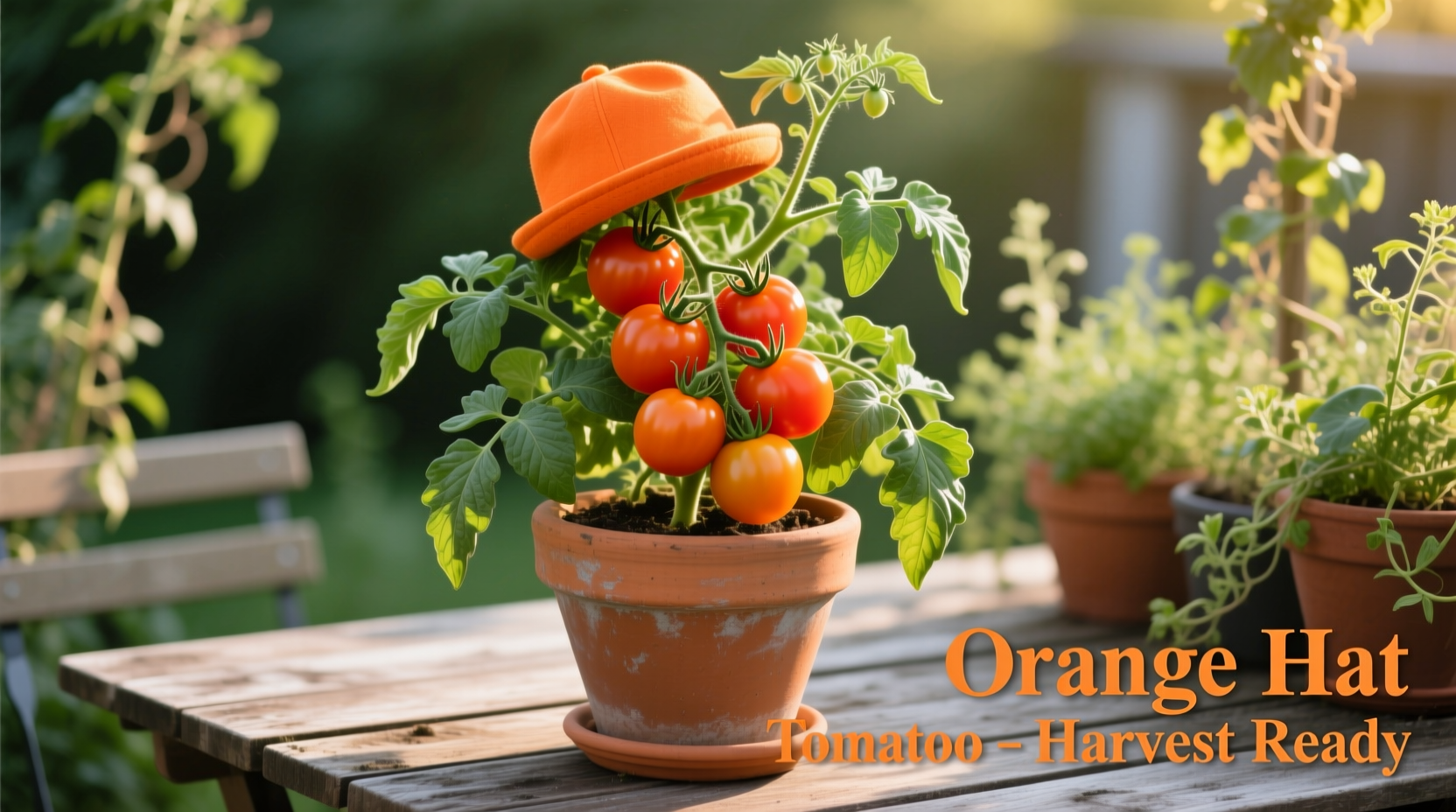 Orange Hat tomato plant with ripe orange fruit in container garden