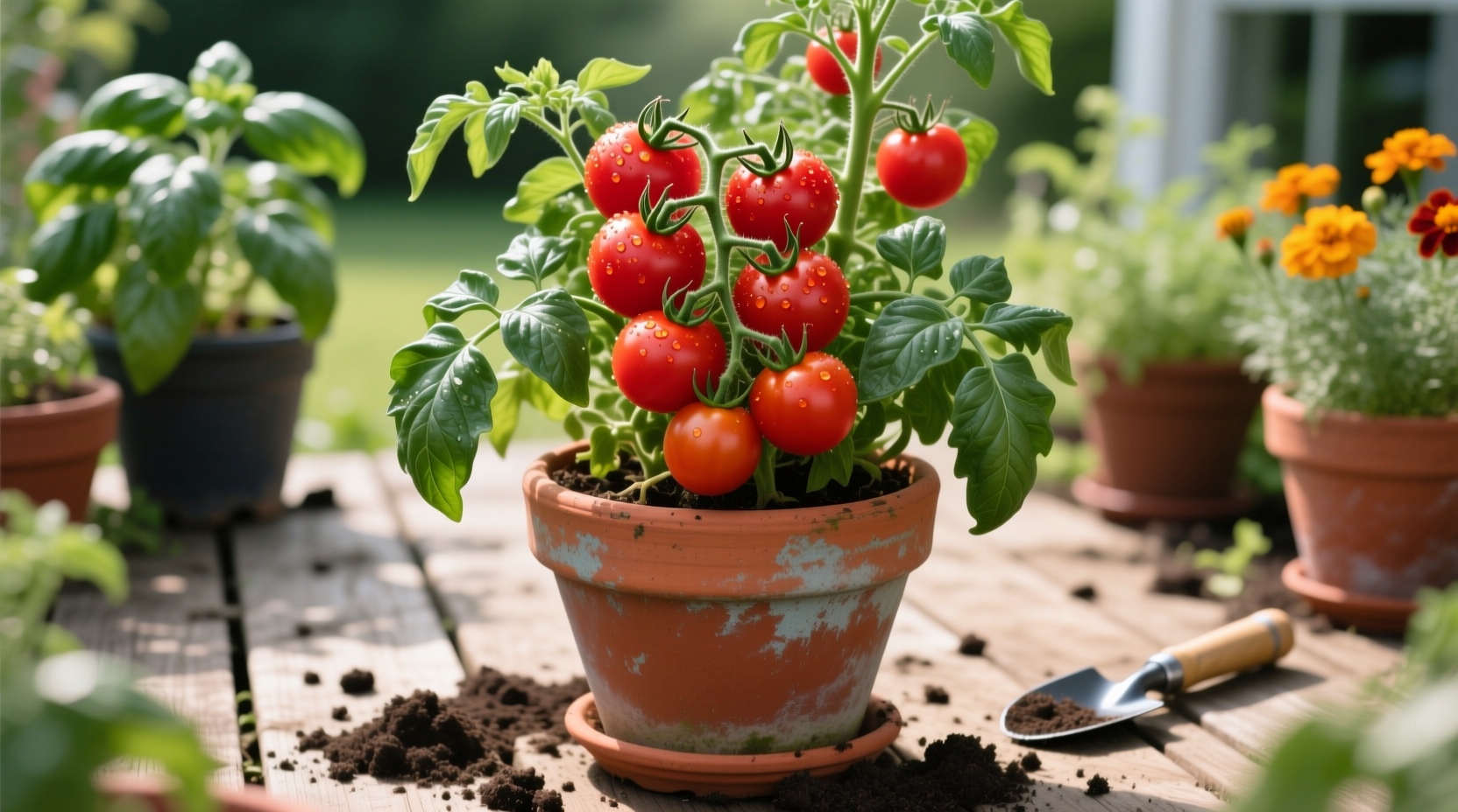 Determinate tomato plant with ripe fruit in container garden
